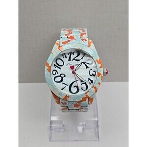 Betsey Johnson  White Blue Orange Camo Heart Quartz Watch New Battery Spring